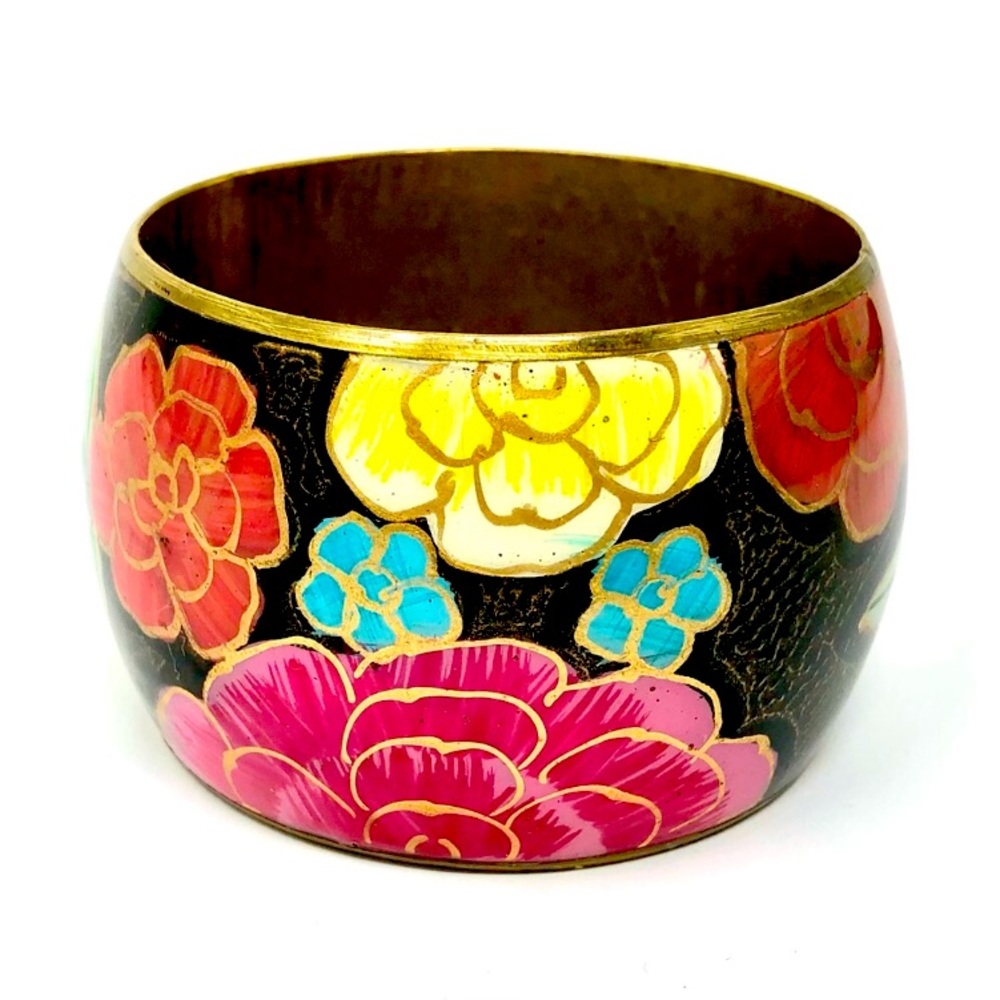 Floral Enamel Bangle Bracelet with Gold Accents